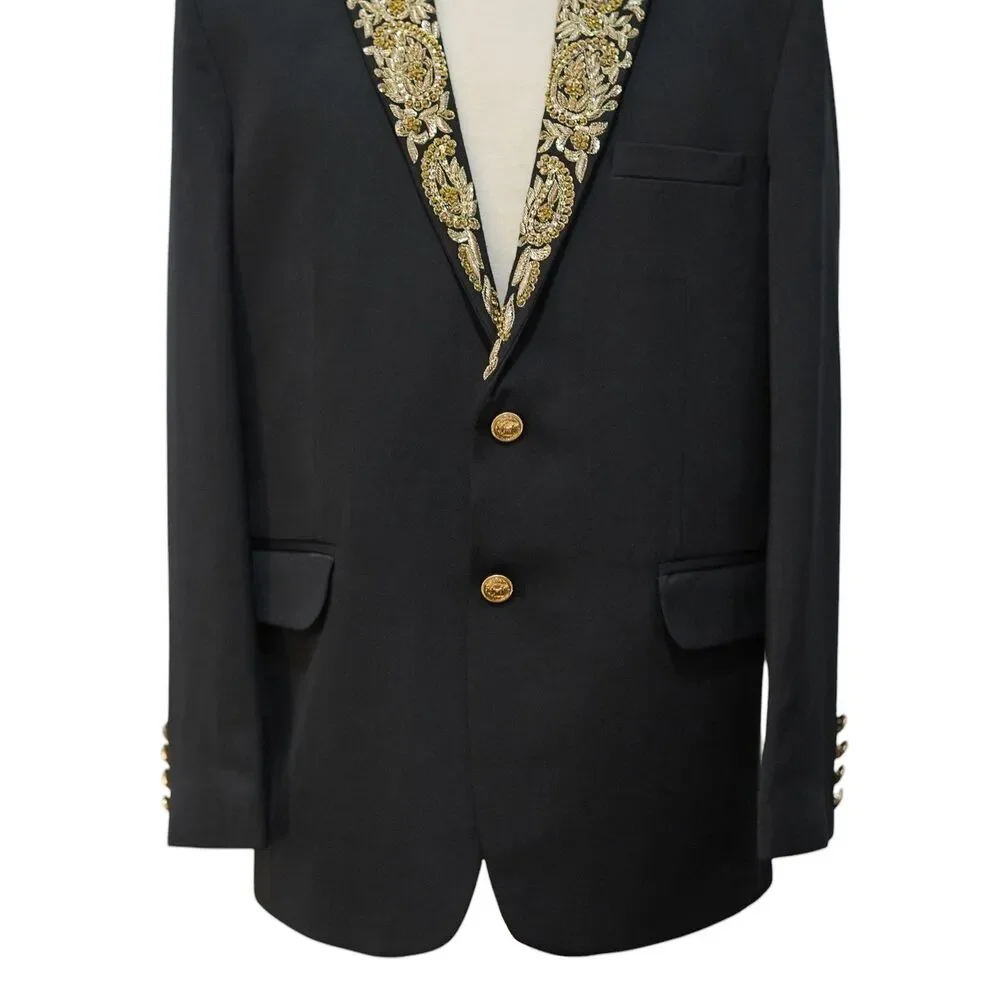Mens 42R Black Wool Blazer Hand Embroidered Gold Paisley Tuxedo Suit Jacket